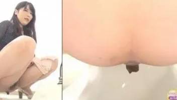 Beautiful Japanese woman poops in public toilet