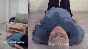 Dominatrix Karina defecates into her slave's mouth
